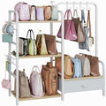 Purse Organizer for Closet, with Bottom Drawer, Extra Large Capacity 3 Tier Handbag Storage Rack for Women, 10 Purse Hanger and Hooks for Bag Organizer, Floor-Standing, Home, Living Room (Wooden) by Nuoex