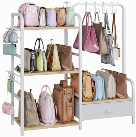 Purse Organizer for Closet, with Bottom Drawer, Extra Large Capacity 3 Tier Handbag Storage Rack for Women, 10 Purse Hanger and Hooks for Bag Organizer, Floor-Standing, Home, Living Room (Wooden) by Nuoex