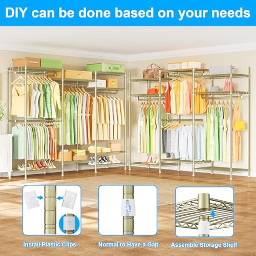 Ulif E13 Heavy Duty Clothes Rack（With 4 Hanger Rods & 8 Shelves） Freestanding Clothing Racks for Hanging Clothes，Adjustable Closet Organizer，Metal Garment Rack 63" W x16 D x77 H，Max Load 900LBS，Gold - Image 4