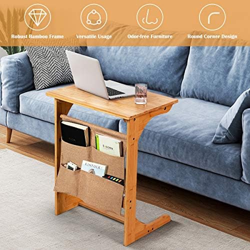 Tangkula Bamboo TV Tray Table for Living Room, Sofa Side Table, Snack End Table w/Storage Bag, C-Shaped Bed Side Table, Multifunctional Bedside Table for Home, Office - Image 4