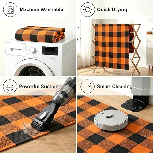 MUBIN Fall Decor Cotton Buffalo Plaid Rug, 4' x 6' Orange Black Outdoor Rug Decorative Mat, Washable Large Halloween Doormat Foldable Area Rug for Outdoor Patio Indoor Living Room Dining Room Kitchen - Image 5