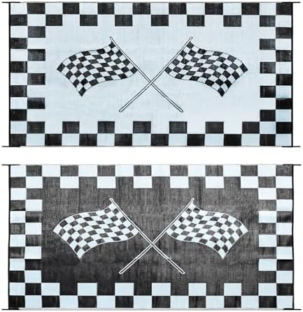 EEZ RV Products 9'x18'cf Heavy Duty Reversible/Durable Outdoor RVing/Boondocking Mats (9ft x18ft Black & White Checker Flag) Come with Large Storage Bag & 6 Sets of Stakes and Washer - Image 4