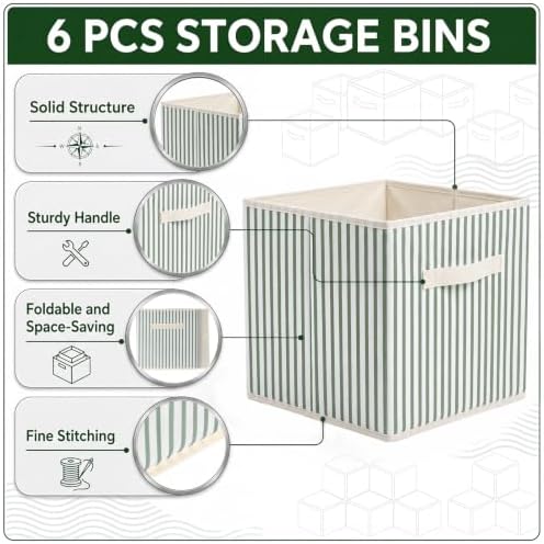 Amyhill 6 Pack Green Striped Basics Collapsible Fabric Storage Bins - Image 3
