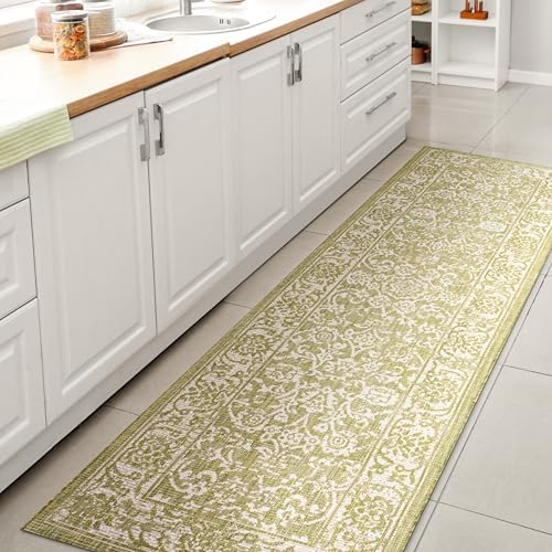 JONATHAN Y Weave Floral Indoor Outdoor Runner Rug 2X8 Green/Cream, Tela Bohemian Textured for Backyard, Patio, Porch, Easy-Cleaning, High Traffic, Pet-Friendly, Non-Shedding (SMB100D-28) by JONATHANY