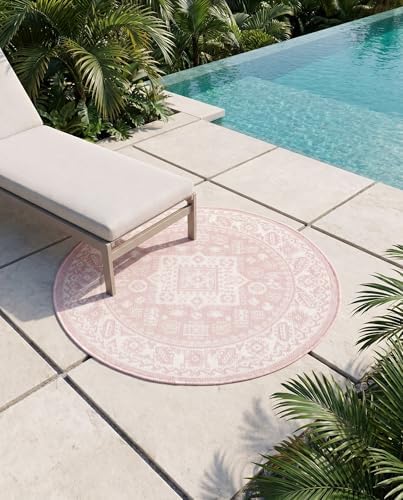 Rugs.com - Outdoor Aztec Rug – 3 Ft Round Pink Indoor/Outdoor Rug – Weather-Resistant Flatweave for Patios, Decks, and Porches - Image 5