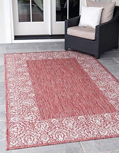 Unique Loom Outdoor Border Collection Area Rug - Floral Border (5' 3" x 8' Rectangle, Rust Red/ Ivory) by UniqueLoom