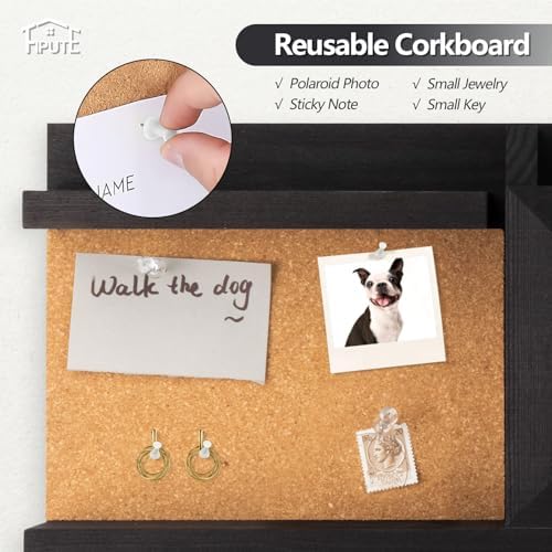 Key Holder for Wall with Mail Organizer,Farmhouse Mail and Key Holder for Wall,Key Hanger with ‌Metal 11 Hooks,Corkboard,and Shelf,Decorative Natural Pine Wood Entryway Organizer,14.6*11.1*3.3”,Black - Image 2