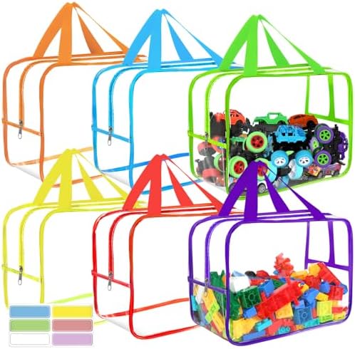 6 Colors Widen X-Large Storage Bags 12.6×9.25×6.9In with Labels, Reusable Clear PVC Board Game Storage, Travel Waterproof Organizer Bags with Zipper for Building Blocks, Puzzle, Stuffed Animals by OPELETNNT