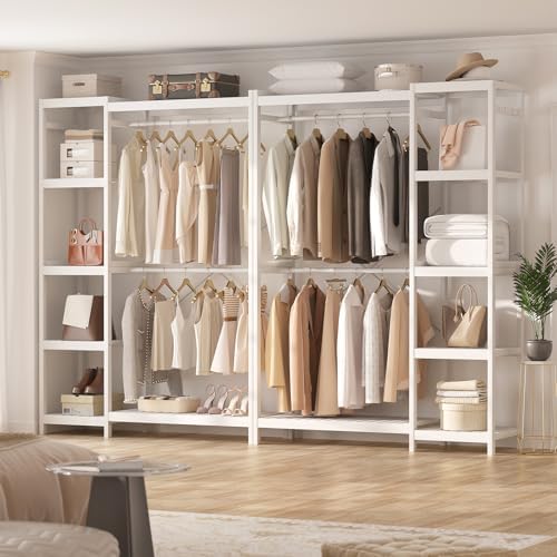 Homykic Bamboo Clothing Rack with 7 Adjustable Shelves, 2 Hang Rods, White - Image 3