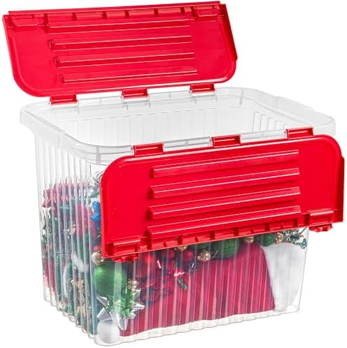 Superio Red Storage Box with Red Hinged Lids, Plastic Container Bins for Organizing with Attached Lid, Stackable Crates, BPA Free, Organizers for Home and Office, 53Quart (20.25"x14"x14.6") - Image 6