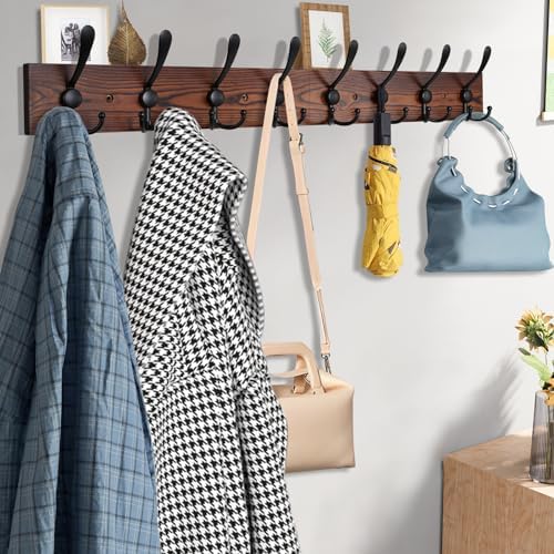 Kuhome 32.2'' Large Coat Rack Wall Mount Coat Hooks Coat Hanger with 8 Metal Black Triple- Hooks Brown Pine Real Wood Plank Hat Rack for Wall Hooks for Hanging Coat Hat Jacket (Pack of 2) - Image 3