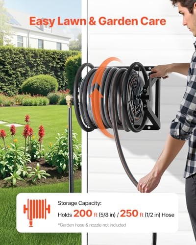 VEVOR Wall Mounted Garden Hose Reel, Holds 200 ft 5/8-inch Manual Water Hose Winder, Heavy-Duty Steel, Outdoor Reel with Brass Fitting & 5ft Leader Hose, Space Saving, for Yard Lawn Garage - Image 2