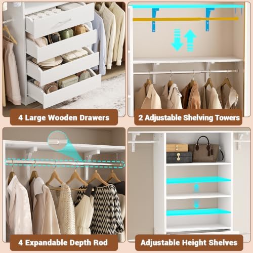 Aheaplus Closet System, Wood Closet Organizer System with Drawers, White - Image 2