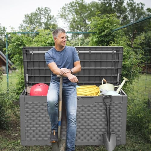 Greesum 100 Gallon Resin Deck Box Large Outdoor Storage, Imitation Rattan Weave Texture for Patio Furniture, Garden Tools, Pool Supplies, Weatherproof and UV Resistant, Lockable, Gray - Image 2