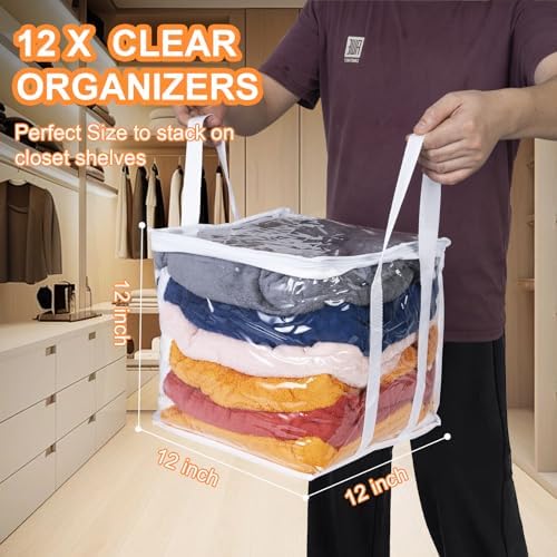 12 PCS Clear Plastic Organizers 12''x12''x12'' Blanket Storage Bags with Zipper Storage Cube Tote with Reinforced Handles for Clothes Moving Supplies Linens Shoes Closet Toys Organizers - Image 2