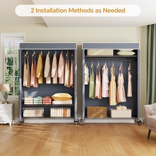 Higeego H4 Plus Rolling Clothes Rack with Cover, Black with Grey Cover - Image 2