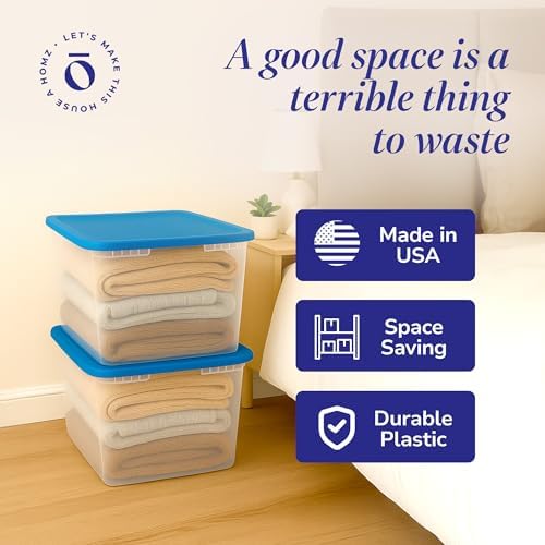 HOMZ 2-Pack Snaplock, Large Clear Plastic Storage Organizer Bins w/Lids, 56 Quart, Blue - Stackable Container Boxes for Bedroom, Bathroom, Garage, and Office Organization - Image 5