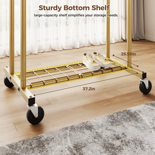 HYSEYY Heavy Duty Clothes Rack, Rolling Clothing Rack for Hanging Clothes with Shelves Load 700LBS,Portable Garment Wardrobe Closet Rack with Wheels for Bedroom,Laundry Room,Retail Store(Gold) - Image 4