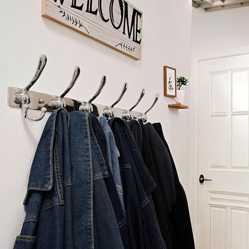 Dseap Coat Rack Wall Mount 24 Inch, Heavy Duty 12-Gauge Base vs Flimsy 1mm, Double-Thick Solid Anti-Snap Hooks, Stainless Steel 6-Hook Hanger for Clothes Hat Closet Entryway, Chromed, Pack of 2 - Image 5