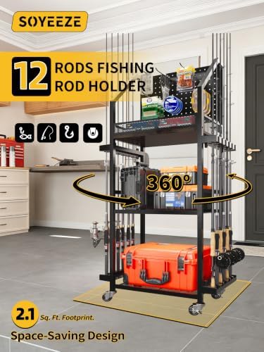 SOYEEZE Fishing Rod Holders for Garage, Fishing Pole Holders Up to 12 Rods with Pegboard and Hooks,Rolling Fishing Cart with Wheels, Fishing Gear Storage For Tackle Box & Reel Organization- 10 Hooks - Image 4
