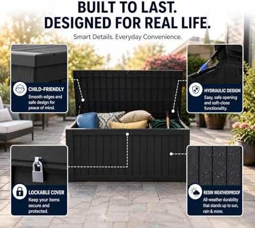 LAUSAINT HOME 260 Gallon Resin Deck Box, Outdoor Toy Storage Box, Package Delivery Box with Lockable Lid, Waterproof Outdoor Storage Box For Garden Tools, Patio Cushions(260 Gallon,Black) - Image 3