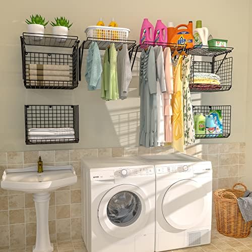 3IngSeagulls 2 Pack Laundry Room Shelves, Wire Baskets with 8 Hooks, Over Washer and Dryer Shelf, Wall Mounted Storage and Clothes Drying Rack, Black - Image 2