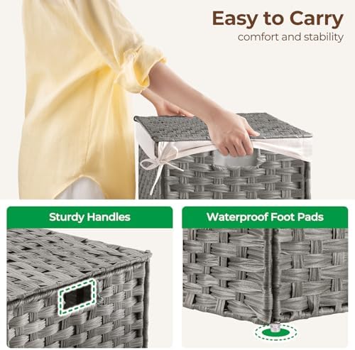 GREENSTELL Storage Basket with Lid, 27.7 Gallon(105L) Lagre Wicker Blanket Storage Basket with Handles, Foldable, 2 Removable Liner Bags, Metal Frame, for Bedroom, Laundry Room, Grey,25.6"*15.7"*15.7" - Image 3