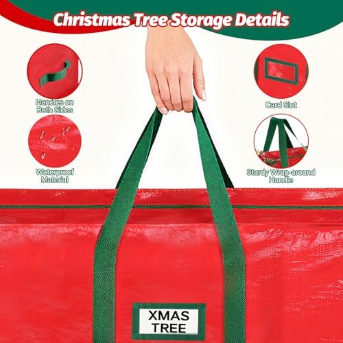 StorageRight Christmas Tree Bag & Ornament Storage Box 2Pcs Set, Waterproof 9 Ft Tree Storage & 64-Compartment Organizer with Dividers, Tag Pockets & Handles, Heavy-Duty Xmas Decor Containers, Red - Image 3