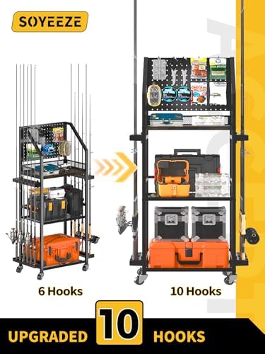 SOYEEZE Fishing Rod Holders for Garage, Fishing Pole Holders Up to 12 Rods with Pegboard and Hooks,Rolling Fishing Cart with Wheels, Fishing Gear Storage For Tackle Box & Reel Organization- 10 Hooks - Image 7
