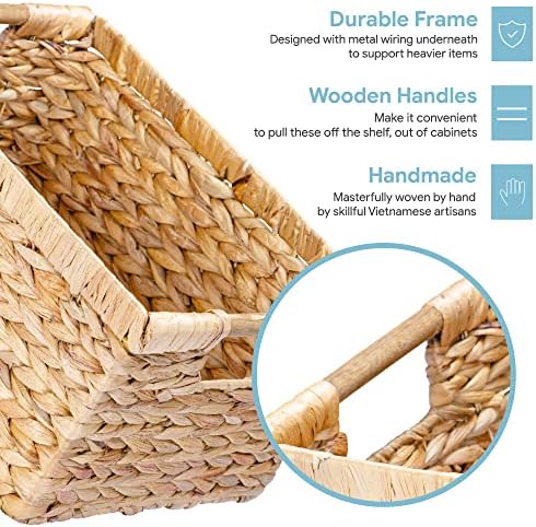 VATIMA Large Rectangular Wicker Basket with Wooden Handles for Shelves and Storage - Natural Water Hyacinth Basket for Organizing, 14.5 x 10.3 x 7.5 inches - Image 3