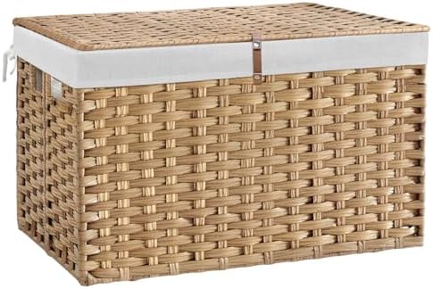 180L Wicker Storage Basket with Lid, Handwoven Rattan Large Shelf Basket with Removable Liner, 47.6 Gallon Wicker Basket for Blanket, Storage Trunk with Handle for Closet, Bedroom, Livingroom, Natural by Hiagnete