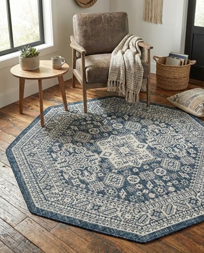 Rugs.com - Outdoor Aztec Rug – 5 Ft Octagon Blue Indoor/Outdoor Rug – Weather Resistant Flatweave for Patio, Deck, and Porch - Image 4