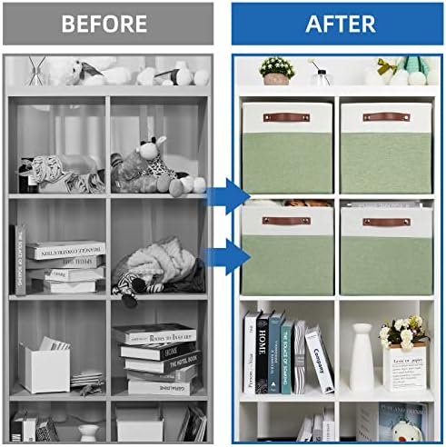 Temary 12 Inch Fabric Storage Cubes Storage Bins with Leather Handles, 4 Pack Cube Baskets Bins for Organizing Closet, Foldable Cloth Baskets for Shelves (White&Green) - Image 4