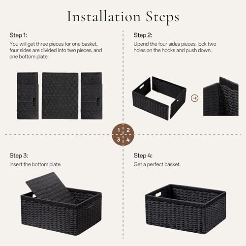 UBBCARE 4 Pack Wicker Basket, 13.4L×8.3H×7.1W inch Woven Paper Rope Storage Baskets for Shelves, Foldable Rectangular Storage Baskets with Handle, Storage Basket for Organizing, Black - Image 2