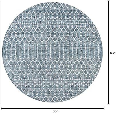 Eyely Moroccan Textured Weave Round Rug 5 Ft Teal/Gray, Indoor Outdoor Rug - Image 2