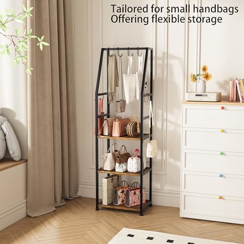 3-Tier Purse Stand Handbag Organizer, Hall Tree for Entryway Steel Frame, with 8 Removable Hooks，Clothes Rack Stand Organizer(Rustic Brown) - Image 7