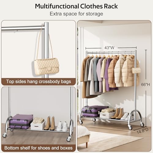 MISSLO Heavy Duty Clothing Rack with Wheels Rolling Clothes Racks for Hanging Clothes, Coats, Garment, Dress, Silver - Image 6