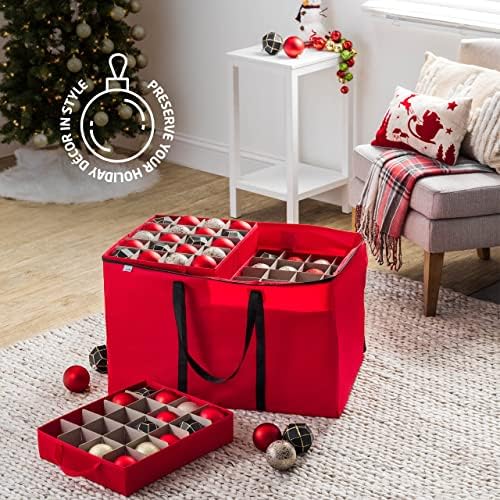 ZOBER Christmas Ornament Storage Box - Stores 200 3" Ornaments with Individual Trays - Tear Proof 600D Oxford Fabric - ornament organizer storage box (Red, 200-3" Ornaments) - Image 2