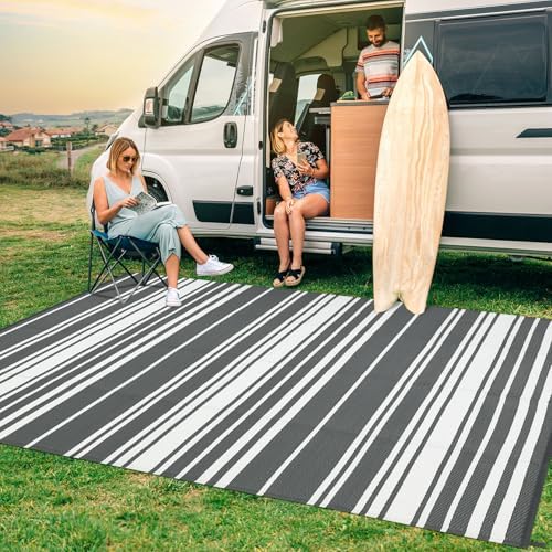 GAOMON Modern Lines 9x12 Outdoor Rug Waterproof Geometric Striped Reversible Camping Plastic Straw Carpet UV-Resistant Lightweight Portable Modern Indoor Outdoor Rugs for RV Deck Balcony, Grey White - Image 3