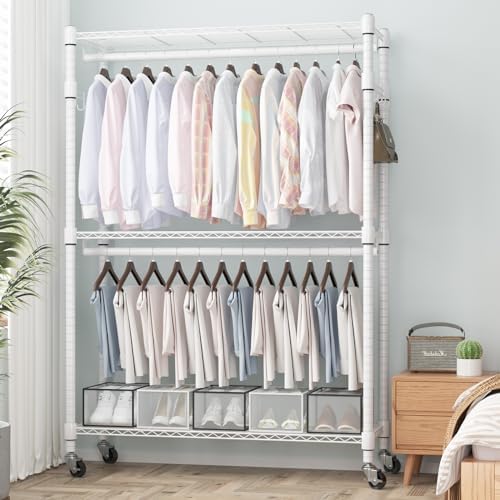 Homdox 3 Tier Heavy Duty Garment Rack with Wheels, Adjustable Wire Clothes Rack with Double Hanging Rods, Portable Closets for Hanging Clothes with Side Hooks, White - Image 2