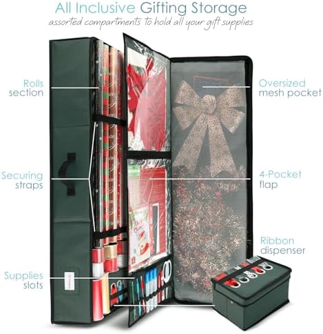 Hearth & Harbor Wrapping Paper Storage Container with Ribbon Storage Organizer - Christmas Storage Bag with Extra Interior Pockets - Gift Wrapping Organizer Storage Fits Up to 26 Rolls of 40" Length - Image 2