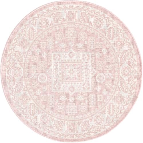 Rugs.com - Outdoor Aztec Rug – 3 Ft Round Pink Indoor/Outdoor Rug – Weather-Resistant Flatweave for Patios, Decks, and Porches - Image 2