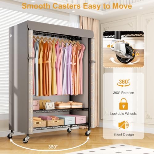 ULIFHOME P6C Plus Rolling Clothes Rack with Cover, Covered Clothing Rack - Image 4