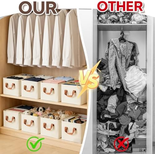 VZZNN 10 Pack Fabric Storage Bins for Shelves, Medium Closet Organizer Baskets with Sturdy Handles, Collapsible Clothes Bins for Closet Organization, Beige 15"x10"x8" - Image 5