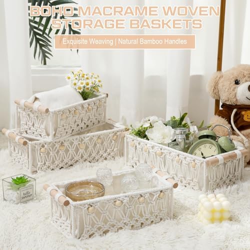Vesici 4 Pcs Boho Macrame Baskets Shelves 13" 11" White Wood Handles - Image 5