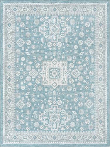 Rugs.com - Outdoor Aztec Rug – 10' x 13' 1 Aqua Indoor/Outdoor Rug – Weather Resistant and Washable, Perfect for Patios, Decks, and Porches - Image 3
