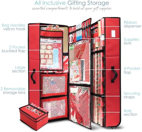 Hearth & Harbor Wrapping Paper Storage Container with Ribbon Dispenser and Interior Pockets - Large Christmas Storage Containers with Wheels, Fits 30 Rolls of 40" Length, Red - Image 2