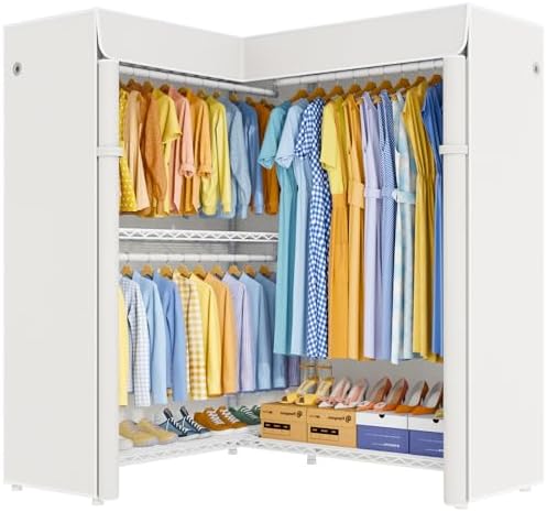 ULIFHOME E15C Pro Garment Rack L Shaped Clothes Rack for Corner，Freestanding Clothing Racks for Hanging Clothes，Heavy Duty Closet System 48.8"W x 15.8"D x 78.4"H，White Rack with White Dustproof Cover - Image 2