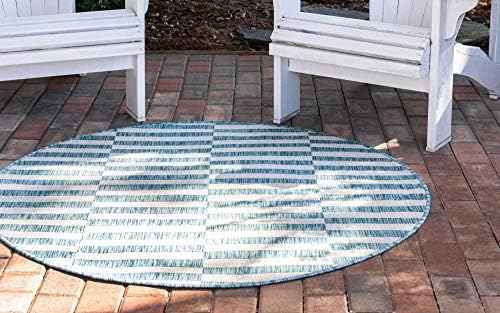 Unique Loom Outdoor Striped Collection Area Rug - Striped (4' 1" Round, Light Aqua/Ivory) - Image 2