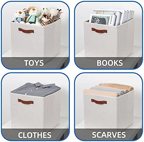 Temary Fabric Storage Cubes Storage Bins with Dual Leather Handles, 4 Pack Cube Baskets 13x13 Foldable Cube Organizers for Shelves, Home, Office, Nursery - Image 5
